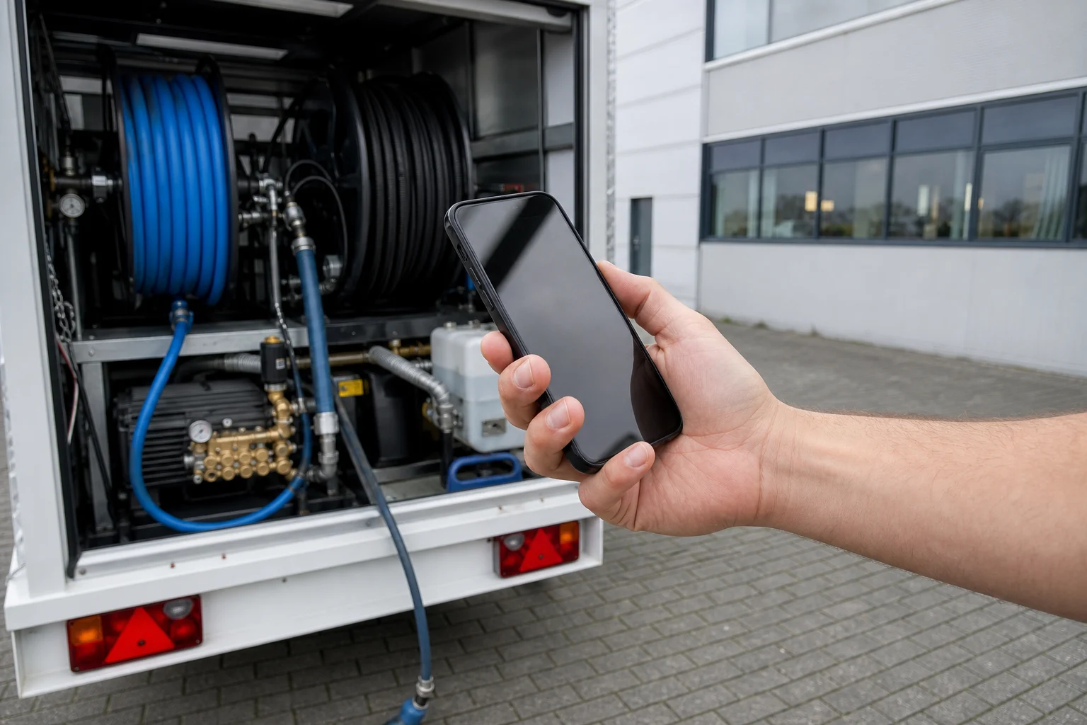 Telefoon bij professioneel reinigingsmaterieel voor rechtstreeks contact met UB Served