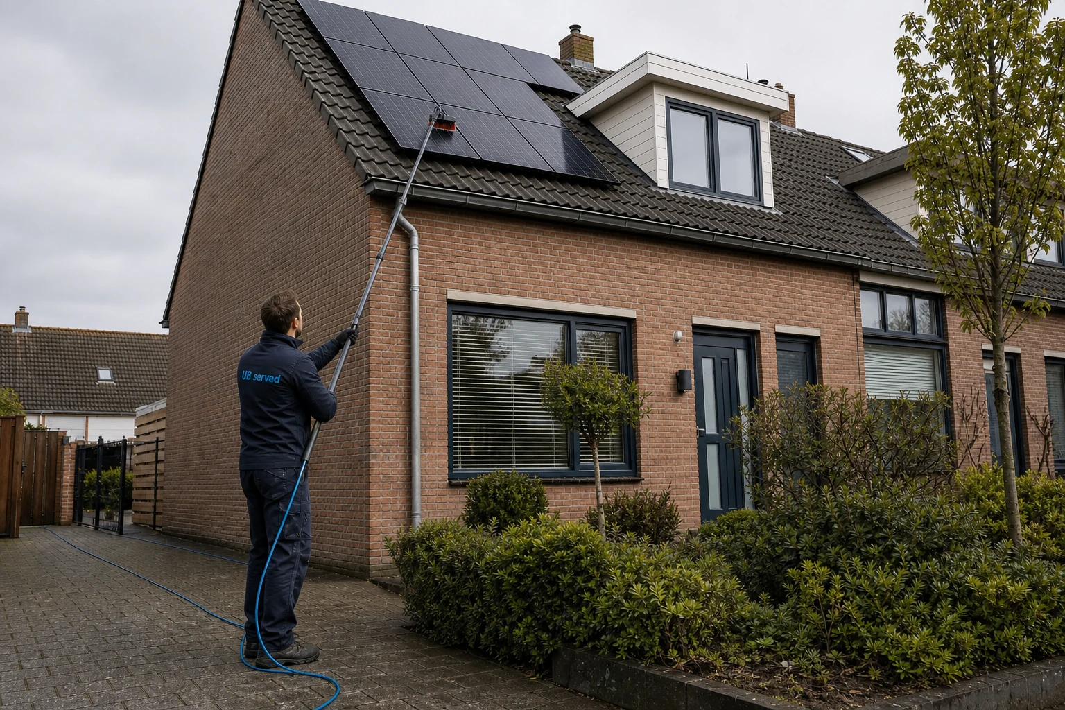 Mannelijke UB Served-specialist reinigt zonnepanelen bij een woning